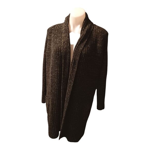 A New Day Black Gray Flecks Open Front Cardigan Long Sleeve Collar Pockets Sz XS - Picture 1 of 10